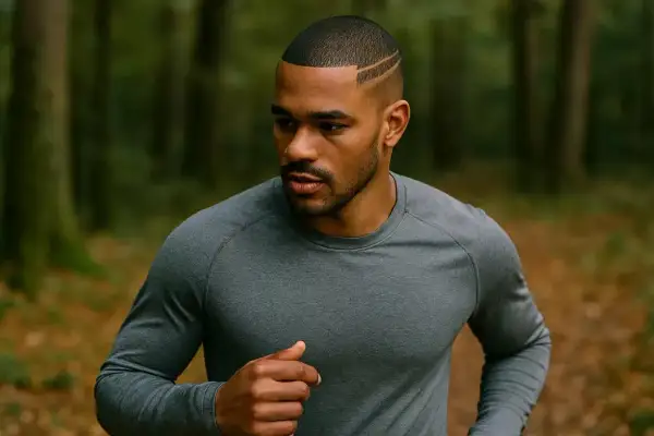 Homme avec un buzz cut stylisé, courant dans une forêt.