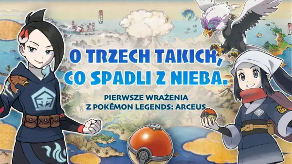 Dwie postacie z gry Pokémon Legends: Arceus, jedna z pokeballem, druga z pokeballem na ramieniu, na tle mapy Sinnoh.