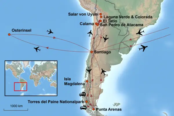 Reiseroute für Chile-Backpacking: Von Osterinsel über Atacama & Uyuni nach Patagonien. Flugzeuge und Busse markieren die Stationen.