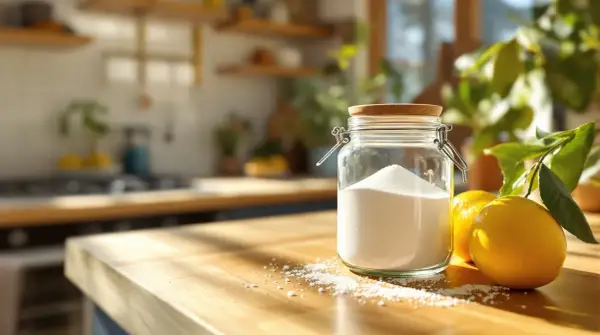 Barattolo di acido citrico, un alleato naturale per la lavatrice, accanto a limoni freschi su un tavolo di legno.