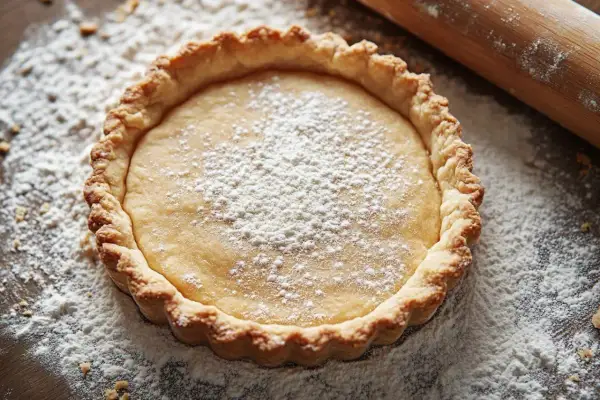 Fond de tarte doré, saupoudré de sucre glace. Le temps de cuisson est parfait, prêt à être dégusté.