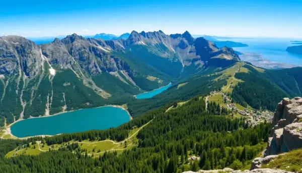 Vue panoramique d'un trek en Italie, avec des lacs turquoise, des montagnes escarpées et une forêt dense.