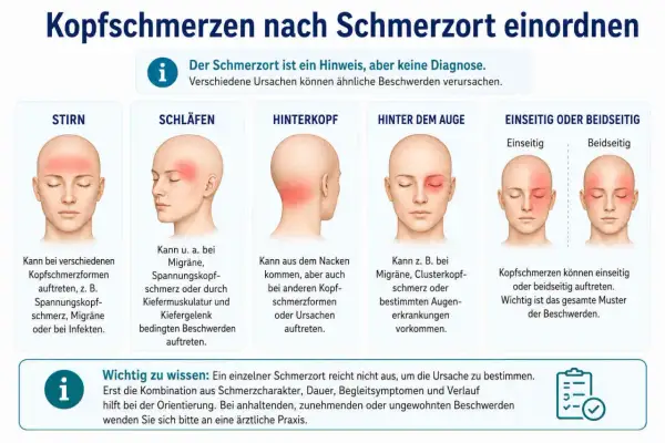 Kopfschmerzen auf dem Kopf: Stirn, Schläfen, Hinterkopf, Auge, einseitig oder beidseitig. Verschiedene Ursachen möglich.