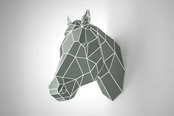 Geometryczny, szary koń z białymi liniami, jak zrobić konia z drewna.