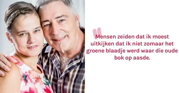Een jonge vrouw met een bloemenjurk en een oudere man met een geruite blouse, die haar arm om haar heen slaat. Ze lijken verliefd, ondanks de waarschuwingen dat ze niet zomaar het "groene blaadje" moest worden voor de "oude bok".