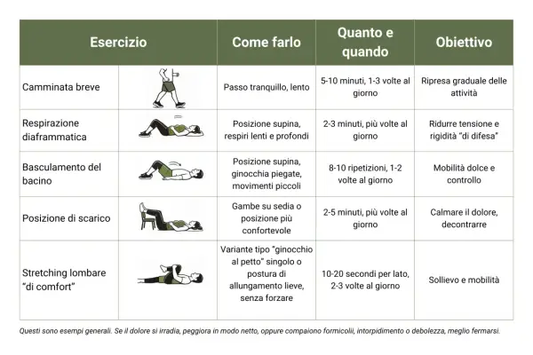 Tabella con esercizi per la fisioterapia schiena: camminata, respirazione, basculamento bacino, posizione di scarico e stretching.