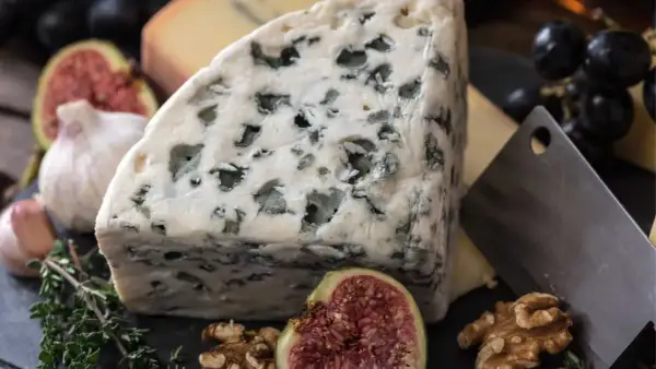 Un trozo de queso azul, con sus vetas verdes, parece un queso que huele mal. Acompañado de higos, nueces y ajo.