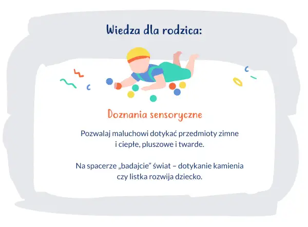 Ilustracja dziecka raczkującego wśród kolorowych kulek i ozdobnych kształtów.