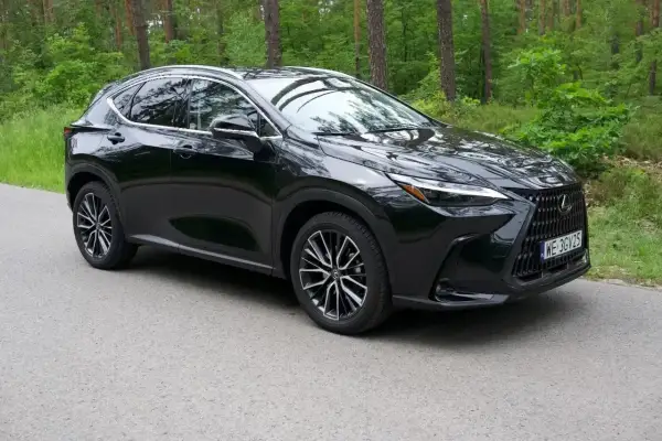 Czarny Lexus NX 350h na drodze leśnej. Ciekawi Cię jego lexus nx 350h spalanie?