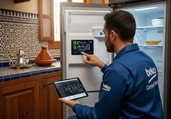Un technicien Beko utilise une tablette pour diagnostiquer un code erreur frigo Beko affiché sur l'écran de l'appareil.