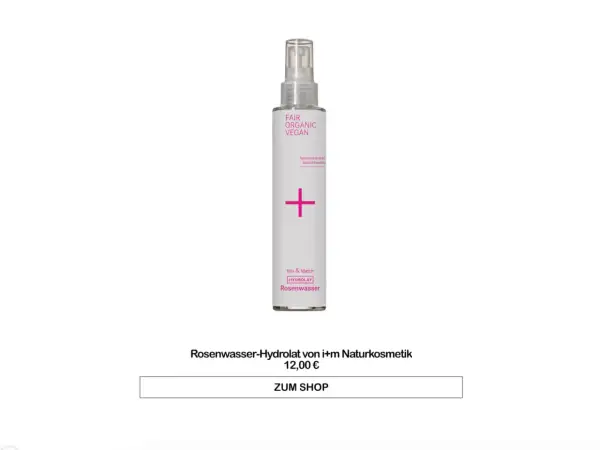 Flasche mit Rosenwasser-Hydrolat, eine natürliche Alternative für die Hautpflege. Fair, Bio, Vegan.