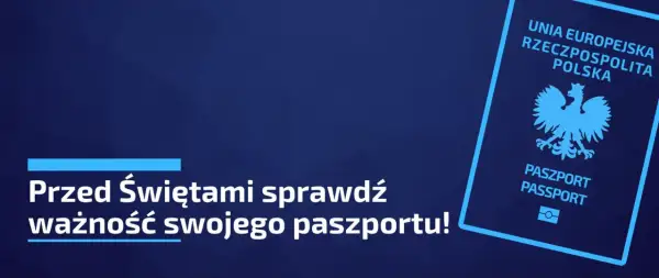 Niebieski paszport Polski z orłem, przypomina o sprawdzeniu jego ważności przed podróżą.