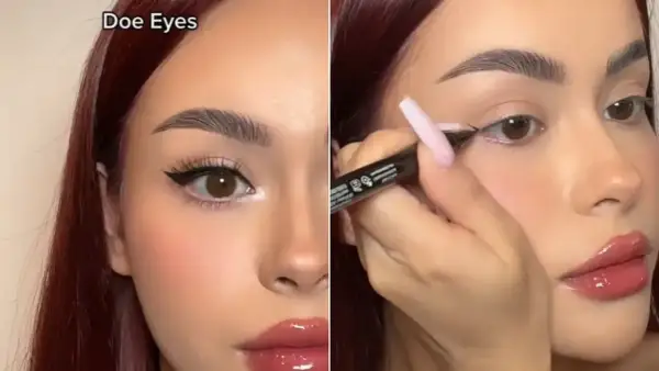Kobieta z brązowymi włosami tworzy makijaż typu "doe eyes", podkreślając swoje duże, okrągłe oczy eyelinerem.