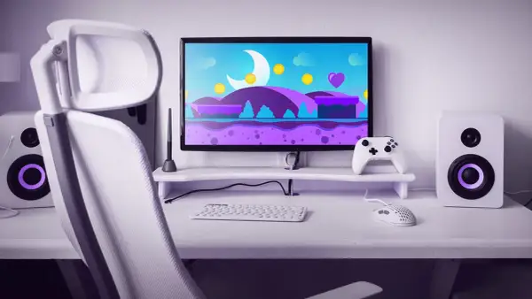 Ein Gaming-Setup mit weißem Stuhl, Monitor mit bunter Spielewelt, Tastatur, Maus und Lautsprechern. Perfekt für Twitch Prime Gaming.