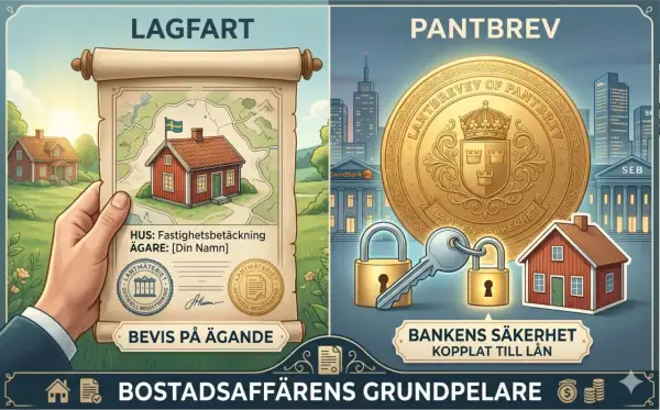 En hand håller upp ett dokument med en karta och ett hus. Bredvid syns ett stort pantbrev, lås och nyckel, som symboliserar pantbrev kostnad och bankens säkerhet kopplat till lån.