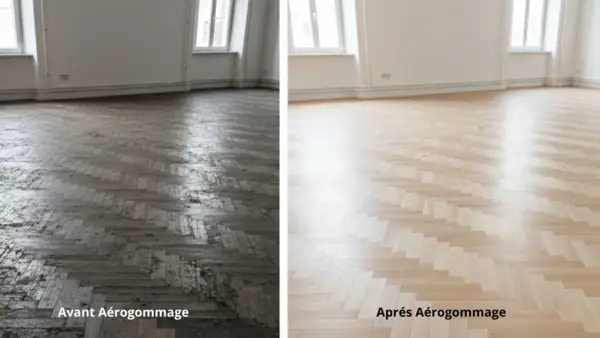 Parquet sombre et usé avant aérogommage, transformé en un sol clair et lumineux après. Le résultat avant après est spectaculaire.