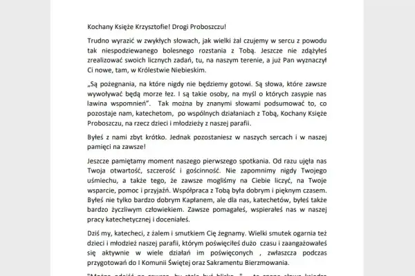 Wzór pożegnania zmarłego czytane przez księdza. List wyraża żal po odejściu proboszcza, wspominając jego dobroć i zaangażowanie w pracę z dziećmi i młodzieżą.
