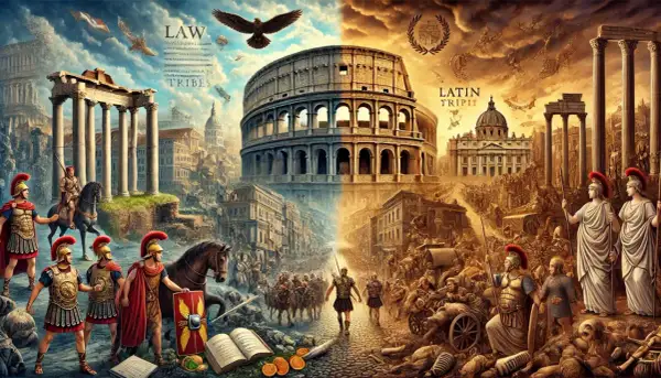 En episk scen av plundrade rom, med soldater, Colosseum och antika ruiner. En berättelse om lag och stammar.