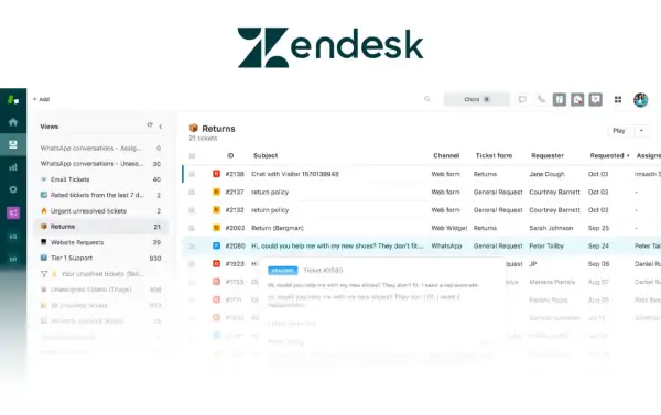 Panel z powiadomieniami Zendesk, pokazujący listę zgłoszeń "Returns" z różnymi statusami i kanałami komunikacji.