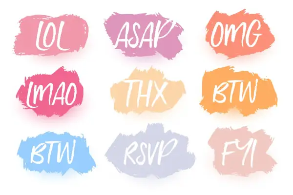 Nubes de colores con acrónimos: LOL, ASAP, OMG, LMAO, THX (que significa "gracias" en inglés), BTW, RSVP, FYI.
