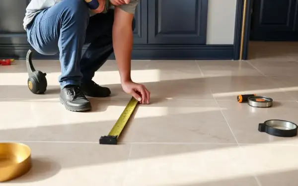 Un homme mesure le sol en carrelage clair, prêt pour le sechage carrelage. Des outils sont posés à proximité.