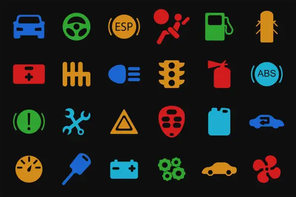 Icone cruscotto auto: spie BMW, ESP, ABS, batteria, cambio, luci, serbatoio, airbag, estintore, ruote, motore, ecc.