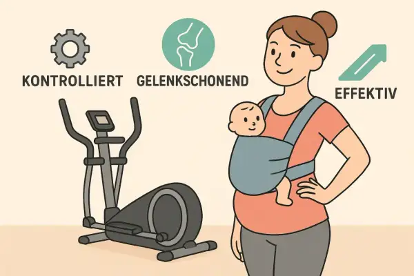Sanfter Sport nach Kaiserschnitt: Ein Crosstrainer, eine Mutter mit Baby im Tragetuch und Icons für kontrolliertes, gelenkschonendes und effektives Training.