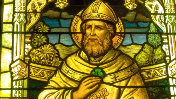 Vitral de San Patricio, con su trébol verde, celebrando el día de San Patricio.