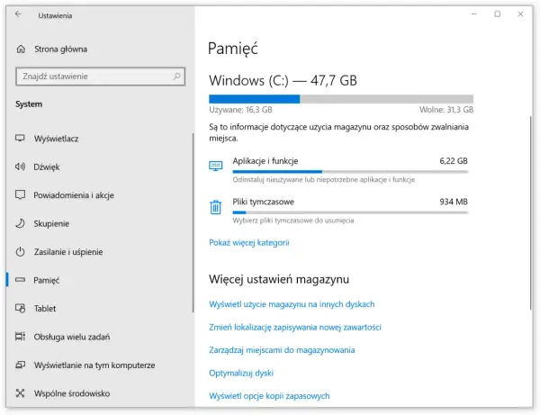 Ustawienia Pamięci w Windows 11: Dysk C: zajmuje 47,7 GB, z czego 16,3 GB jest używane. Zobacz, ile miejsca zajmują aplikacje i pliki tymczasowe.