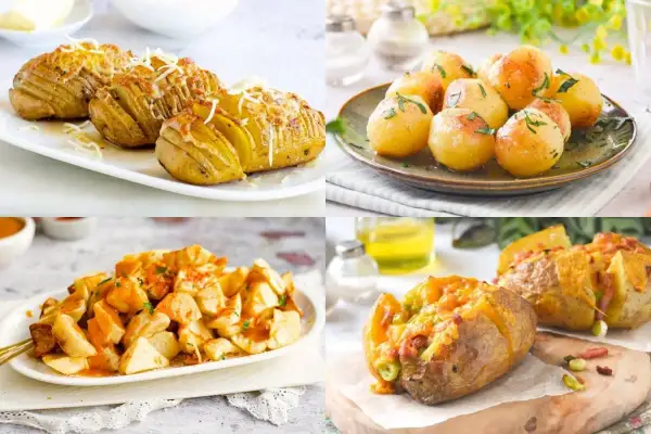 Variedad de recetas con patatas: Hasselback gratinadas, patatas asadas enteras, patatas bravas y patatas rellenas. ¡Deliciosas ideas!