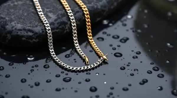 Dos cadenas, una plateada y otra dorada, descansan sobre una superficie oscura con gotas de agua, demostrando que el acero inoxidable se puede mojar sin problemas.
