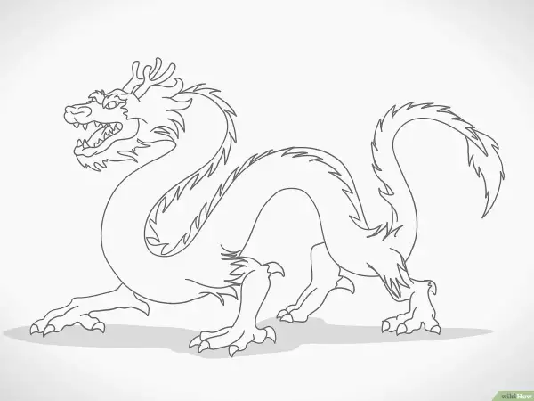 Un drago disegno facile per bambini, con lunghe spire e artigli affilati, pronto a prendere vita con i colori.