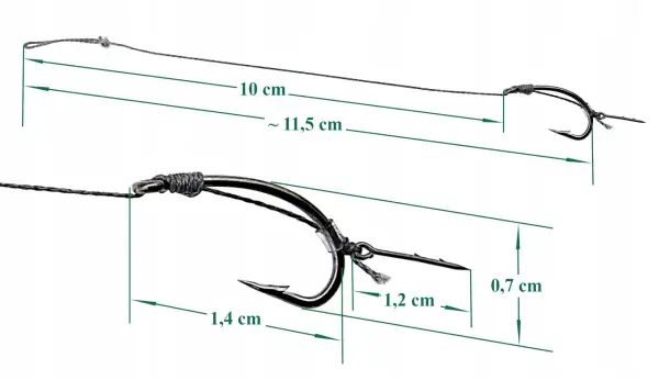 Przypon do metody z haczykiem o długości 1,4 cm i zadziorem 1,2 cm. Całkowita długość przyponu to ok. 11,5 cm.