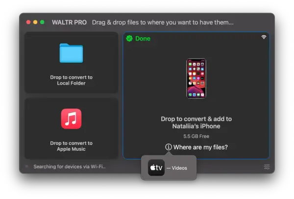 WALTR PRO interface shows options to convert files to a local folder, Apple Music, or an iPhone. This is useful for converting files like an MPG file.