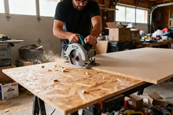 Un homme utilise une scie circulaire pour couper du panneau OSB. Il se demande quelle lame pour couper parquet stratifié.