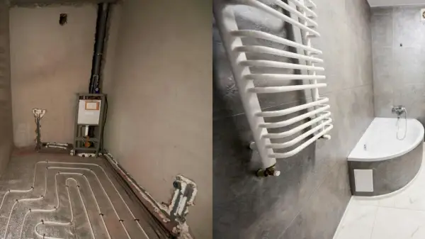 Prima e dopo: impianto idraulico a vista con tubi a pavimento e un bagno finito con vasca e scaldasalviette.