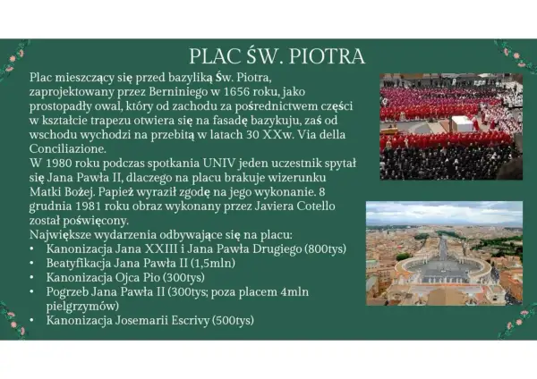 Plac św. Piotra w Watykanie, zaprojektowany przez Berniniego, otwiera się na bazylikę. Zdjęcie przedstawia widok z lotu ptaka na plac i tłumy wiernych.