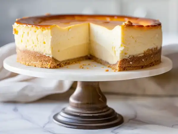 En krämig baskisk cheesecake med karamelliserad yta, serverad på ett marmorerat tårtfat.