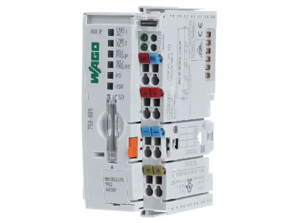 Moduł WAGO 750-889, kontroler KNX IP, z wieloma wskaźnikami LED i złączami.