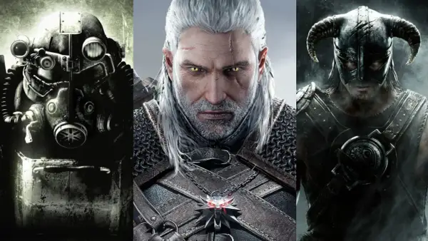 Trzy ikony gatunku komputerowa gra fabularna: zbroja z Fallouta, Geralt z Wiedźmina i wojownik ze Skyrim.