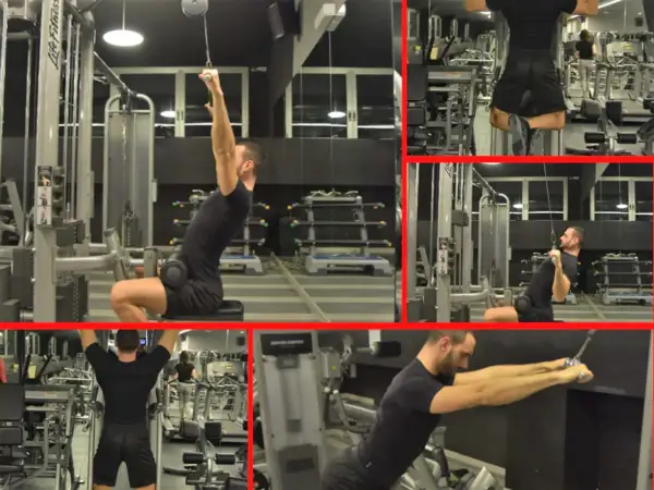 Uomo in palestra esegue esercizi per la schiena, concentrandosi sull'allenamento dell'upper back con macchine e cavi.