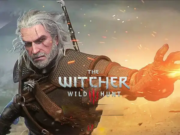 Geralt z Rivii w zbroi, gotowy do walki. W tle płomienie i logo gry Wiedźmin 3 Next Gen.