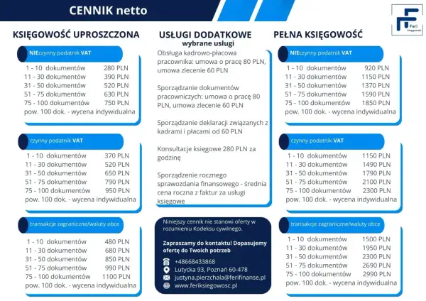 Cennik usług księgowych: uproszczona, pełna, dodatkowe usługi, transakcje zagraniczne.