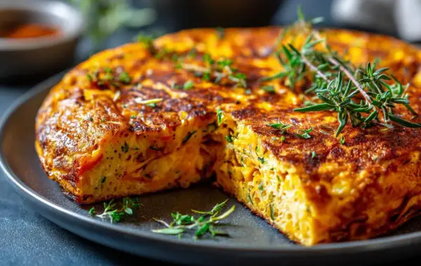 Tortilla de calabaza dorada y esponjosa, decorada con romero fresco, servida en un plato oscuro.