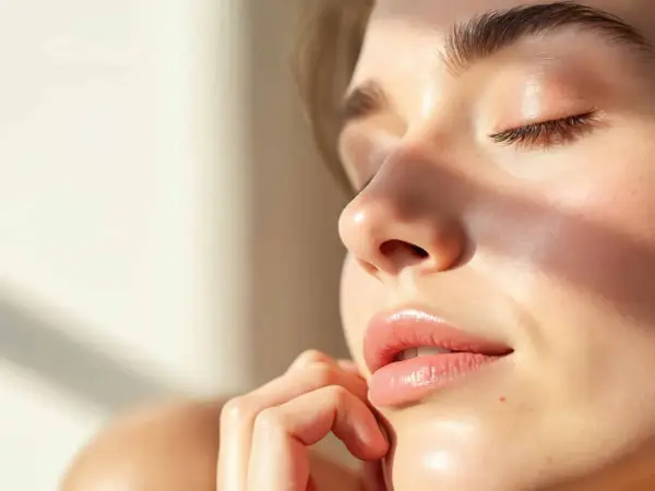 Sanfte Haut, die von der Sonne geküsst wird. Ein Hauch von Glanz auf den Lippen, vielleicht durch ein Produkt, das erklärt, was ist Retinol und wie es die Haut verjüngt.