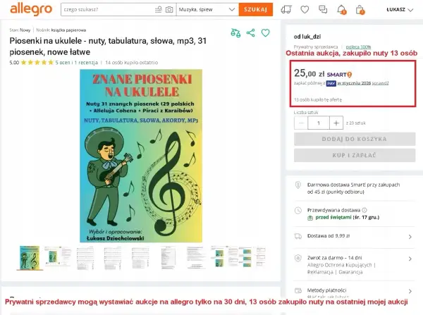 Okładka książki "Znane piosenki na ukulele" z nutami, tabulaturą i słowami. Ilustracja muzyka grającego na ukulele.