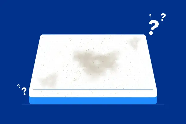 A dirty mattress with stains, possibly from bed mites, surrounded by question marks.