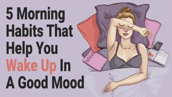 Learn how to wake up happy with 5 morning habits. A woman in bed covers her eyes, suggesting a need for a better start to the day.