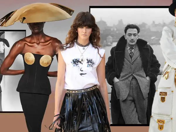 A collage of fashion and art, featuring a model in a golden hat, a woman with a graphic tee, and Salvador Dalí, embodying modern surrealism.