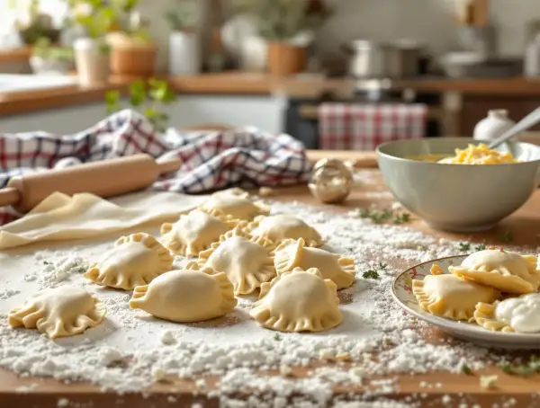 Gotowe do gotowania pierogi ruskie, świeżo lepiońce na blacie kuchennym. Obok wałek, ciasto i miska z farszem.